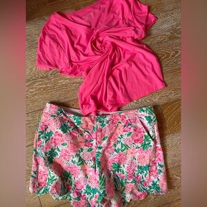 Lilly Pulitzer Scalloped Floral Pink Green Shorts and solid pink top